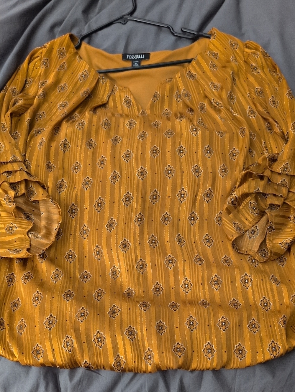 Roz & Ali Women's Mustard Printed Blouse 1x